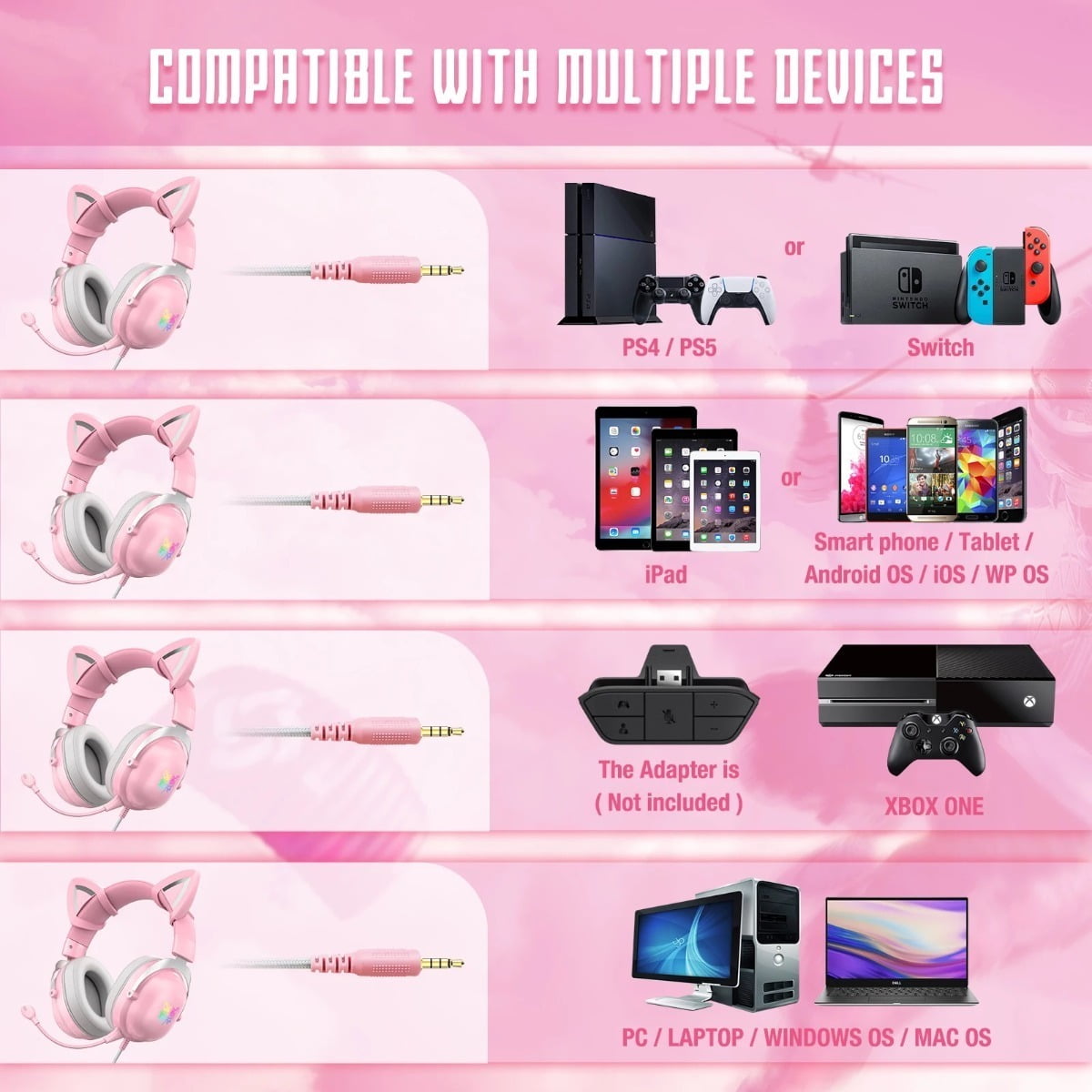 Audfonos Gamer Onikuma X11 Rgb Orejas de Gato Rosado – imagen 5