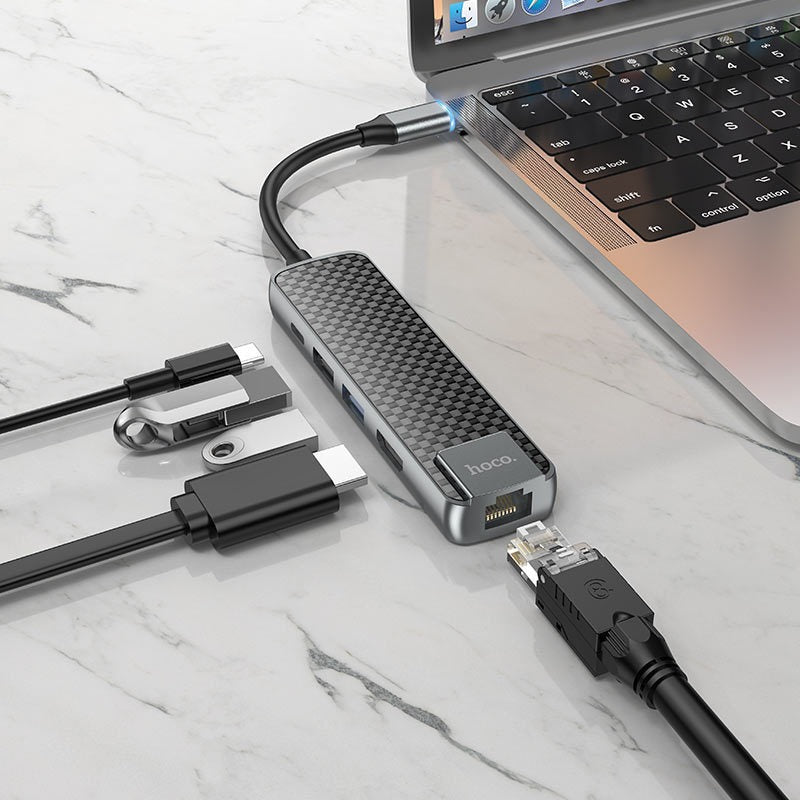 Adaptador Hoco Hub Hb23 Tipo C 5 en 1 Hdmi Rj45 Usb Gris – imagen 2