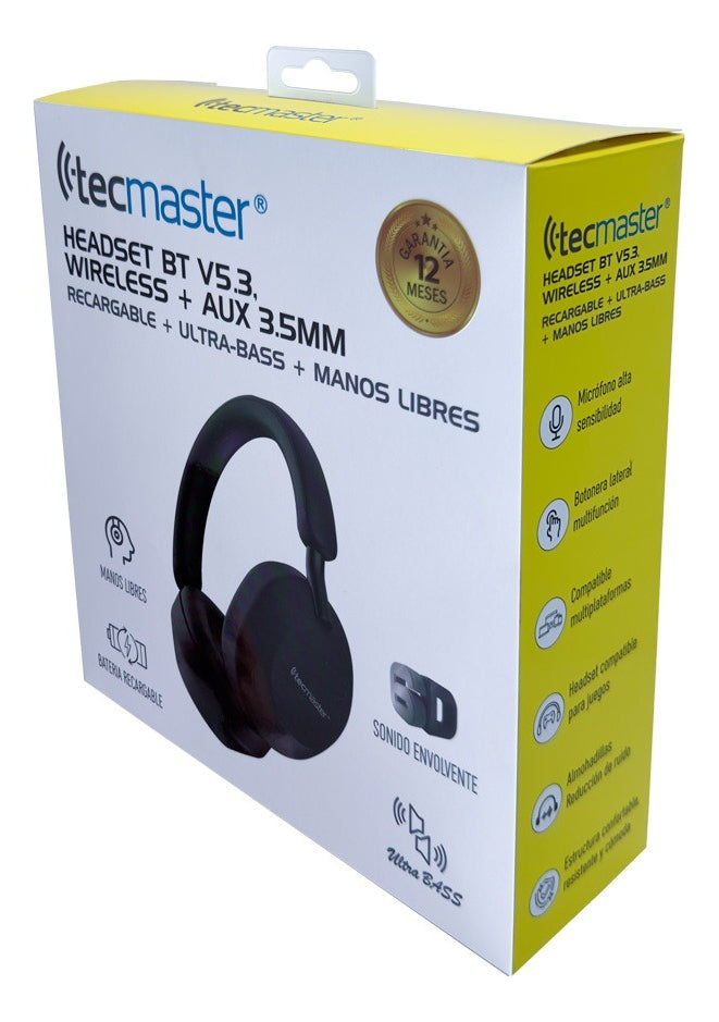 Audifonos Bluetooth Tecmaster Recargable Aux TM-300529 Negro – imagen 3