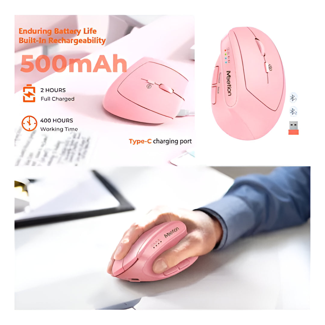 Mouse Vertical Dual Wireless Bluetooth Meetion Btm008 Rosa – imagen 3