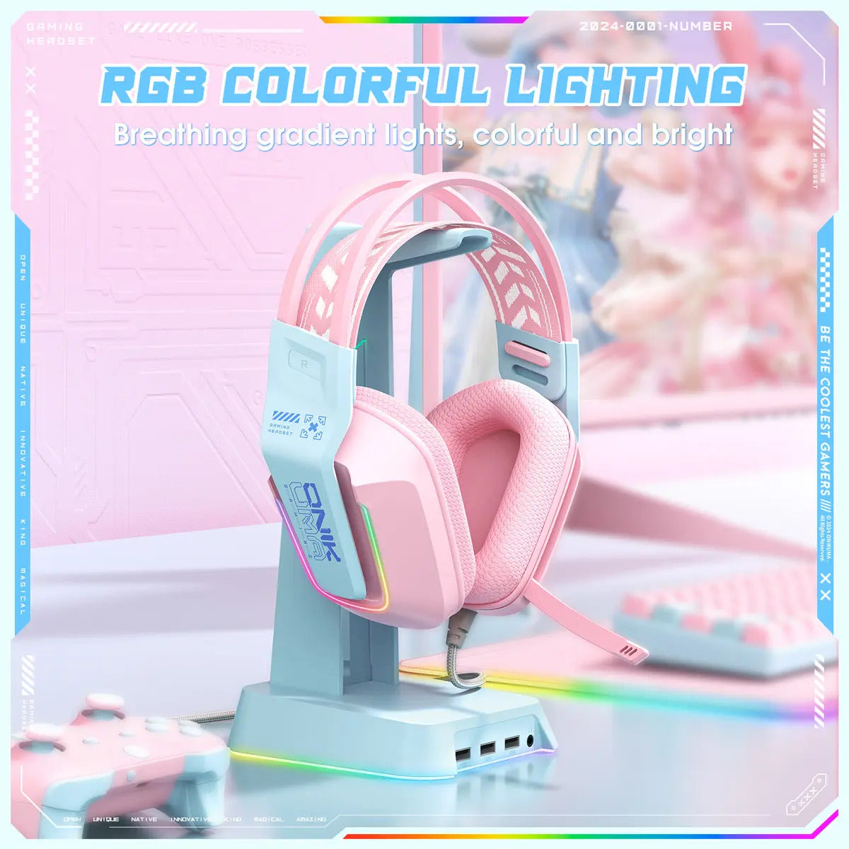 Audifonos Gamer Onikuma X13 Sonido Envolvente Micrófono Rgb Rosado – imagen 2