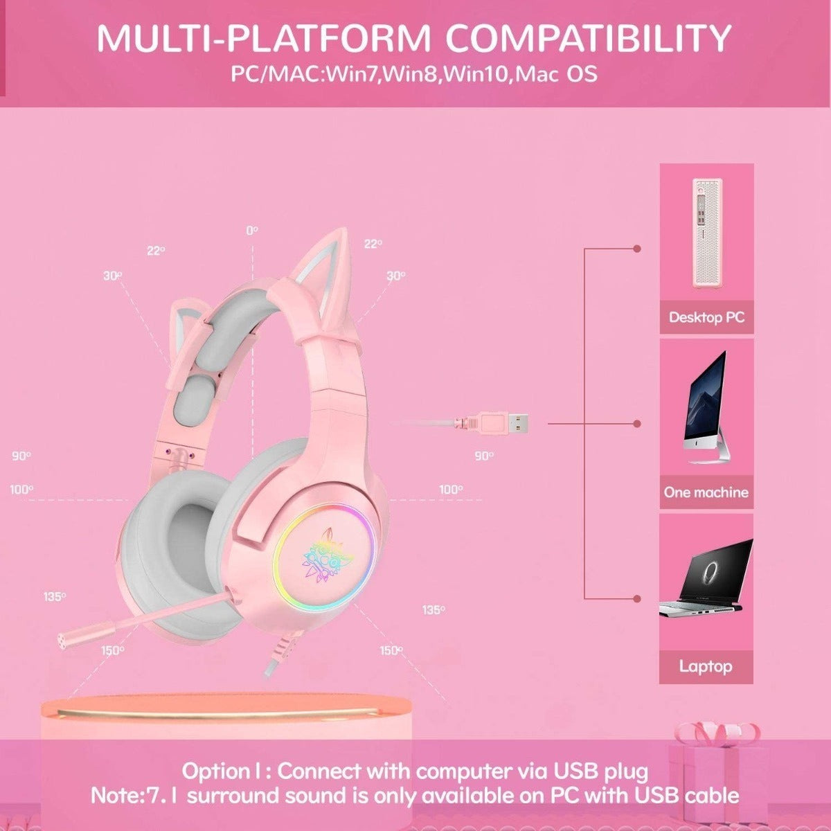 Audfonos Gamer Onikuma k9 Usb 7.1 Rgb Orejas De Gato Pc Rosado – imagen 5