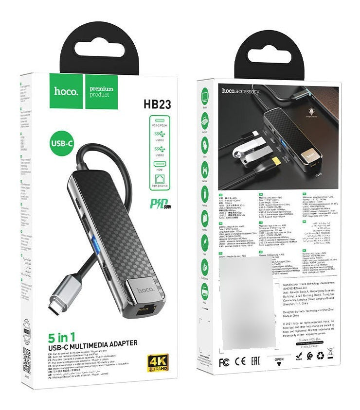 Adaptador Hoco Hub Hb23 Tipo C 5 en 1 Hdmi Rj45 Usb Gris – imagen 3