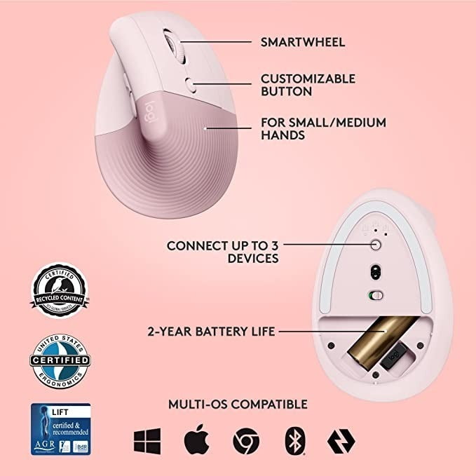 Mouse Bluetooth Logitech Ergonomic Lift Vertical Rosado – imagen 2