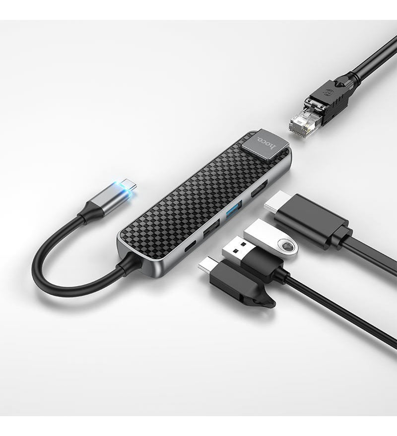 Adaptador Hoco Hub Hb23 Tipo C 5 en 1 Hdmi Rj45 Usb Gris – imagen 4