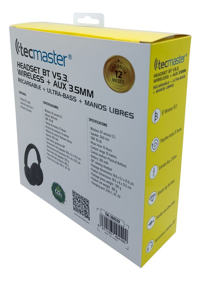 Audifonos Bluetooth Tecmaster Recargable Aux TM-300529 Negro – imagen 5