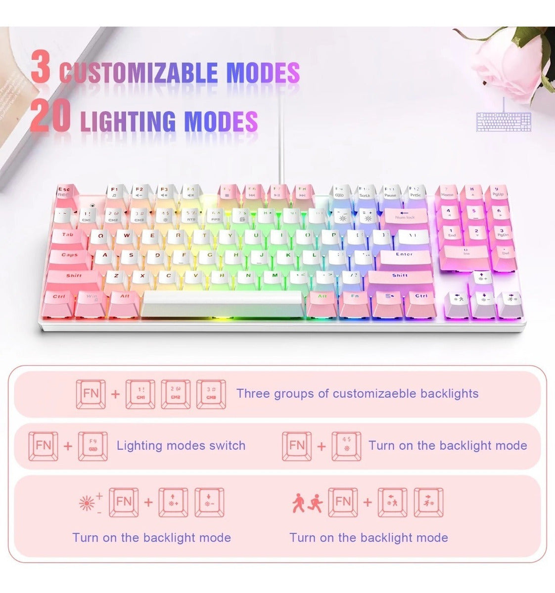 Kit Gamer Onikuma Teclado Mecanico G26 + Mouse Cw905 Rosa Blanco – imagen 2
