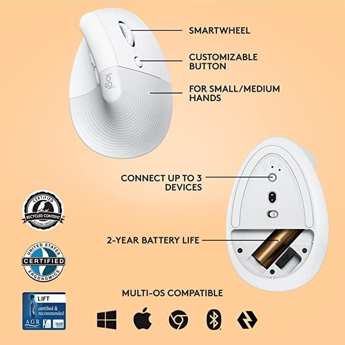 Mouse Bluetooth Logitech Ergonomic Lift Vertical Blanco – imagen 2