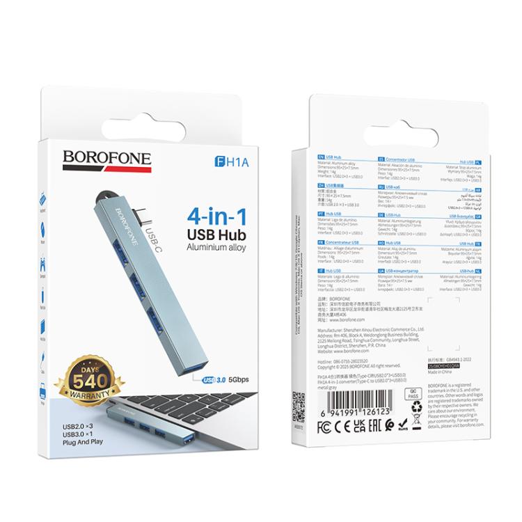 Adaptador Hub Borofone Fh1a 4 En 1 Tipo C 4 Usb 3.0 Gris – imagen 3