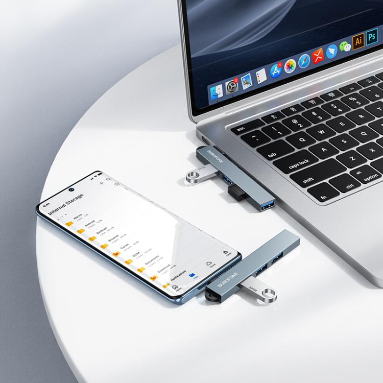 Adaptador Hub Borofone Fh1a 4 En 1 Tipo C 4 Usb 3.0 Gris – imagen 4