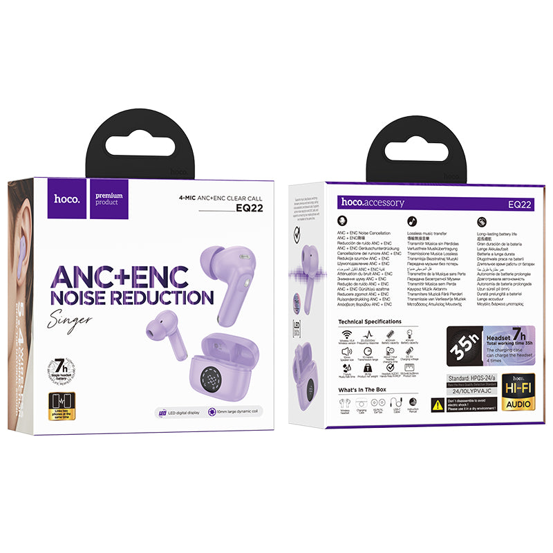 Audífonos In Ear Bluetooth Hoco Tws Eq22 Singer Anc Enc Morado – imagen 3