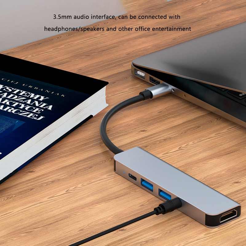 Adaptador 5 en 1 Tipo C USB 3.0x2 + Aux 3.5mm YL-2009 Gris – imagen 2