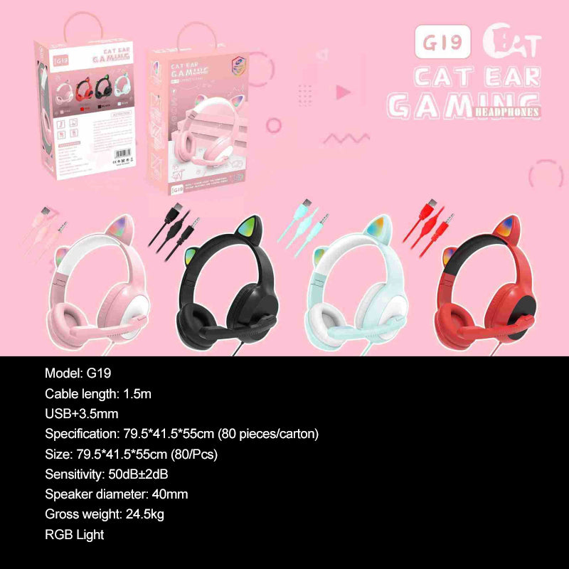Audífonos Gamer Headset Orejas De Gato Hifi Led G19 Celeste – imagen 2