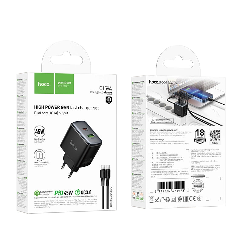 Cargador Carga Rapida Hoco C158a 45w Dual + Cable Tipo C Negro – imagen 2