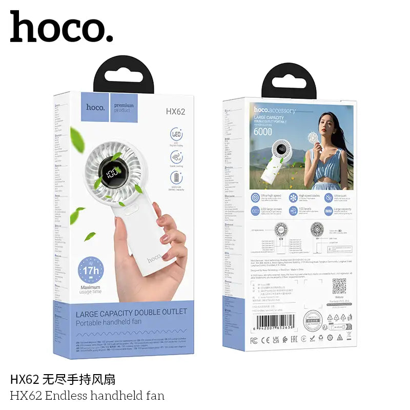 Ventilador Mini Pantalla Led Recargable De Mano Hoco Hx62 Blanco – imagen 2