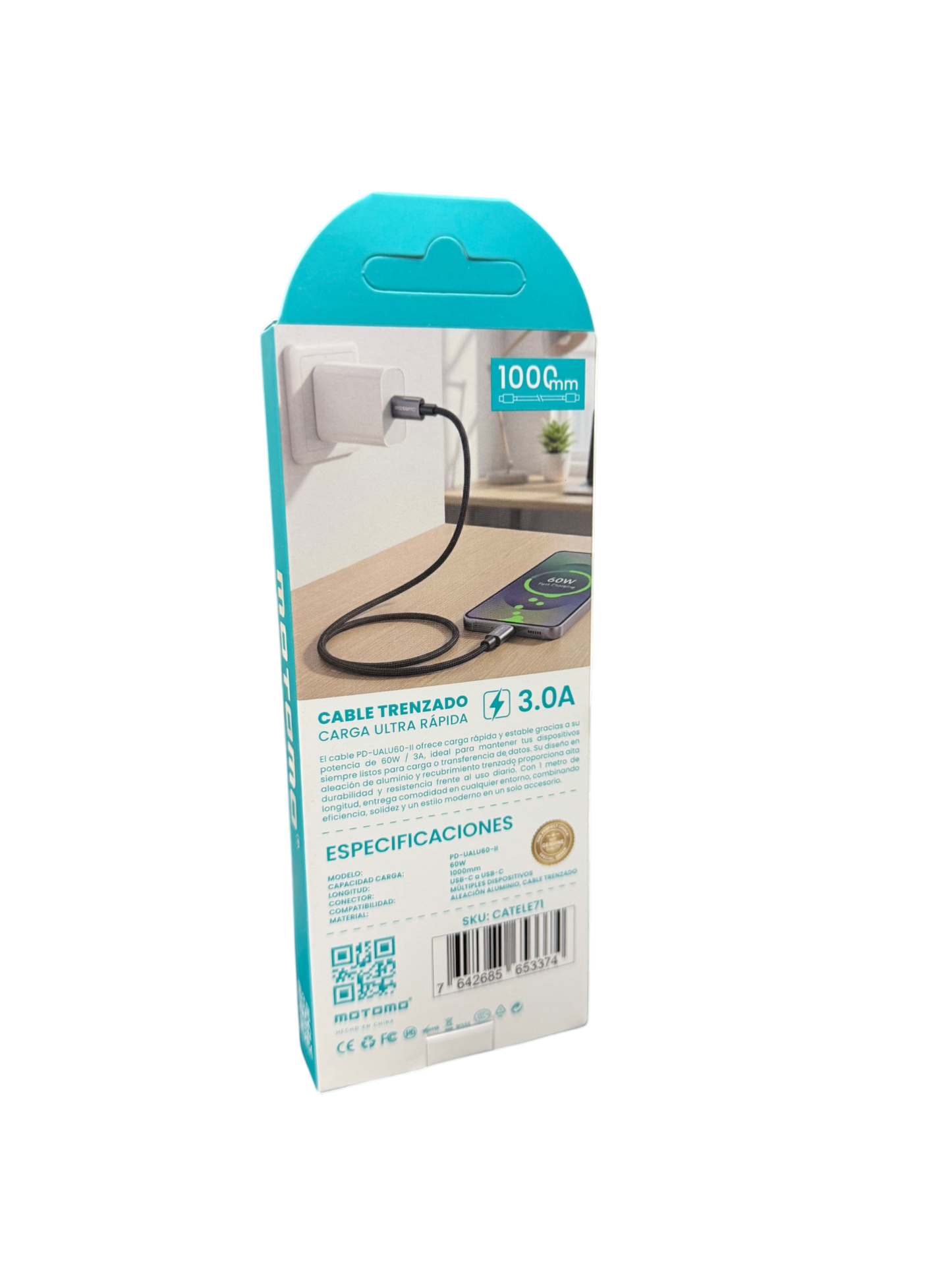Cable Tipo C a Tipo C 60w Motomo Aluminio Trenzado 1 Metro Gris – imagen 3