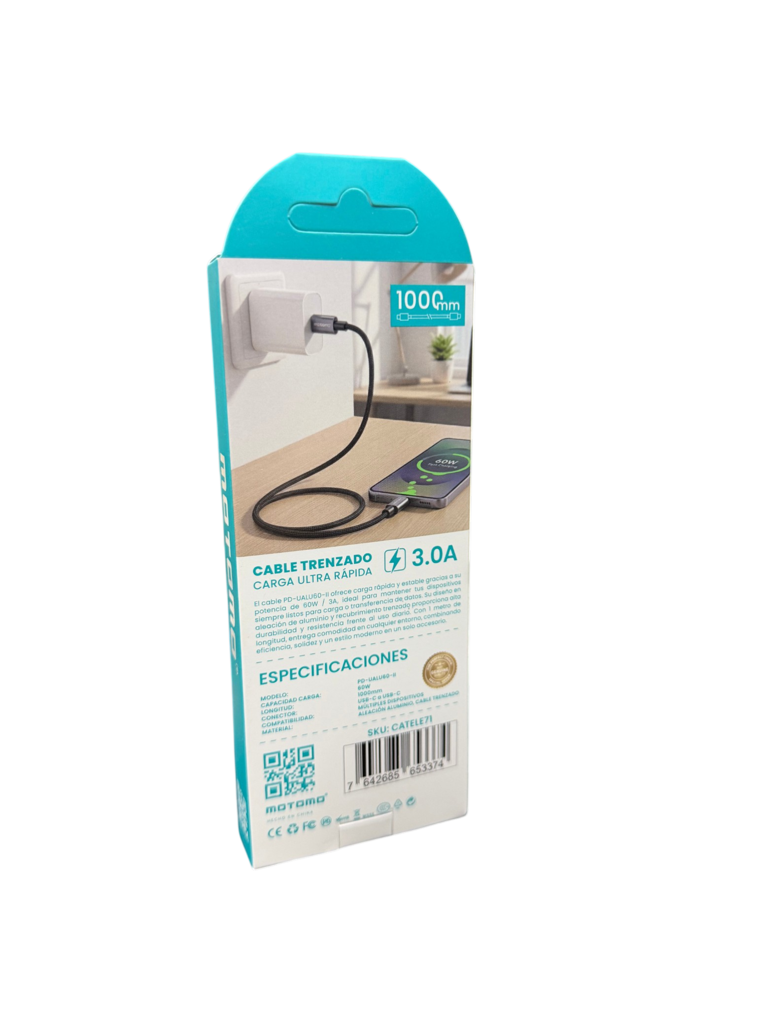 Cable Tipo C a Tipo C 60w Motomo Aluminio Trenzado 1 Metro Gris – imagen 3