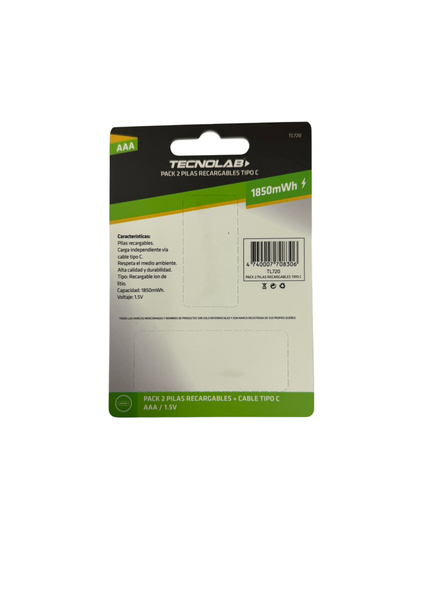 Pack 2 Pilas Recargables AAA Tecnolab Tl720 Tipo C + Cable Blanco – imagen 2
