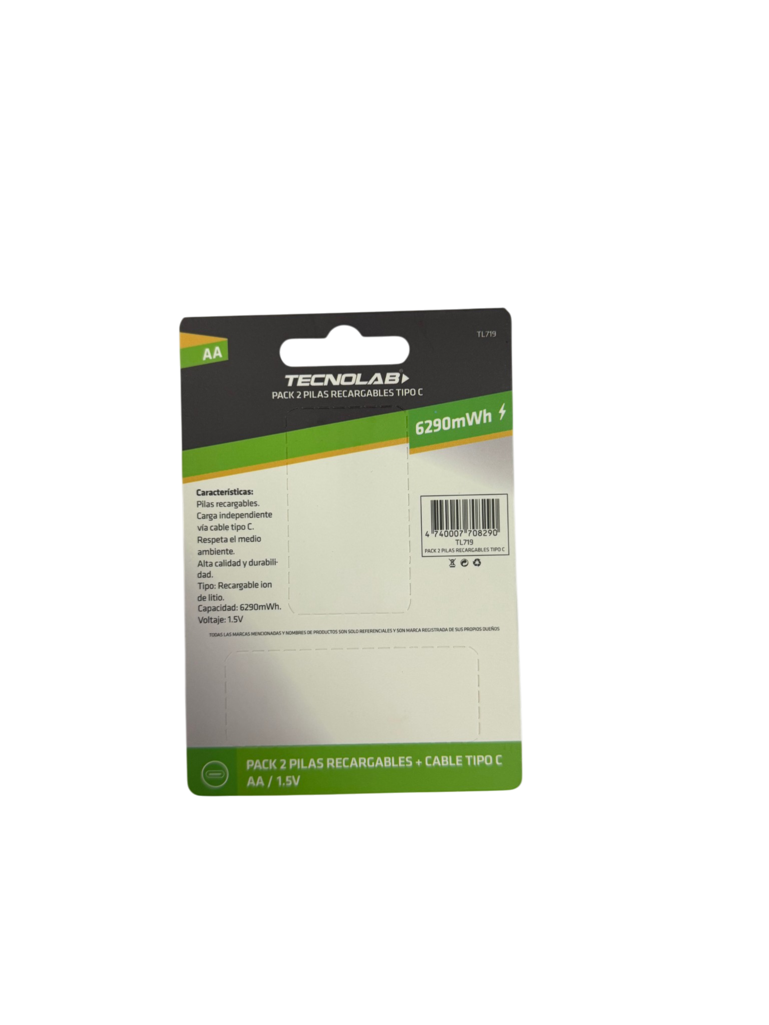 Pack 2 Pilas Recargables AA Tecnolab Tl719 Tipo C + Cable Blanco – imagen 2