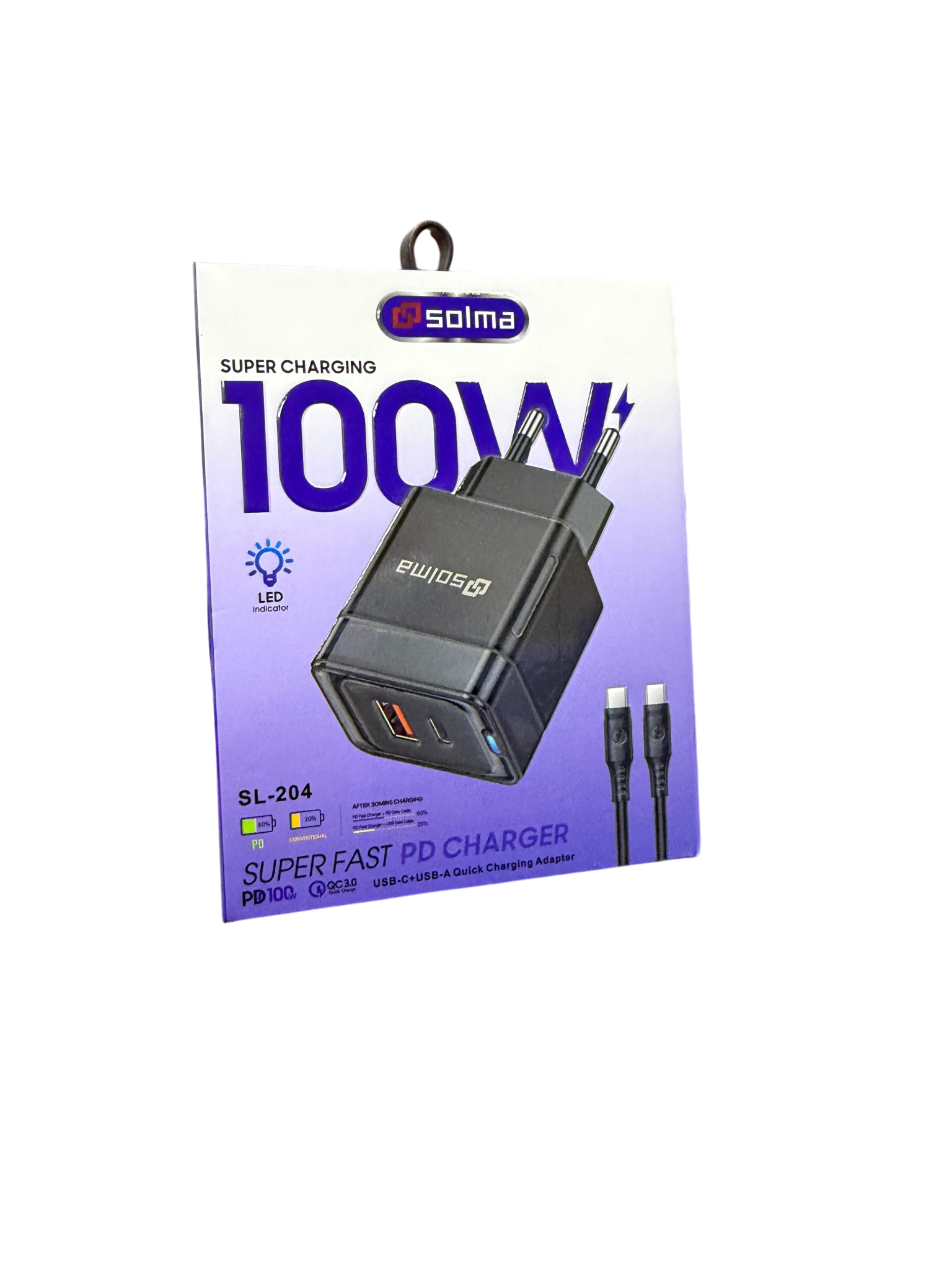 Cargador Solma Super Carga 100w + Cable Tipo C a Tipo C Negro