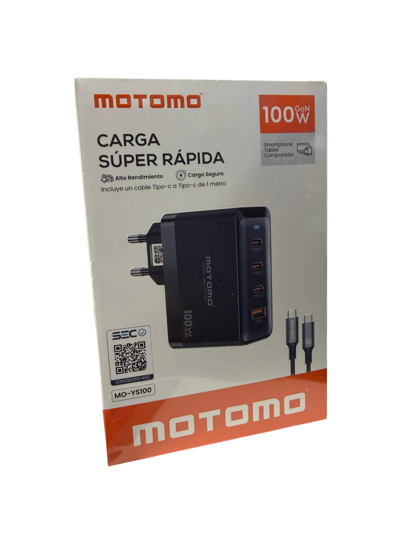 Cargador Rápido Motomo 100w Gan Cuádruple + Cable Tipo C Negro – imagen 3