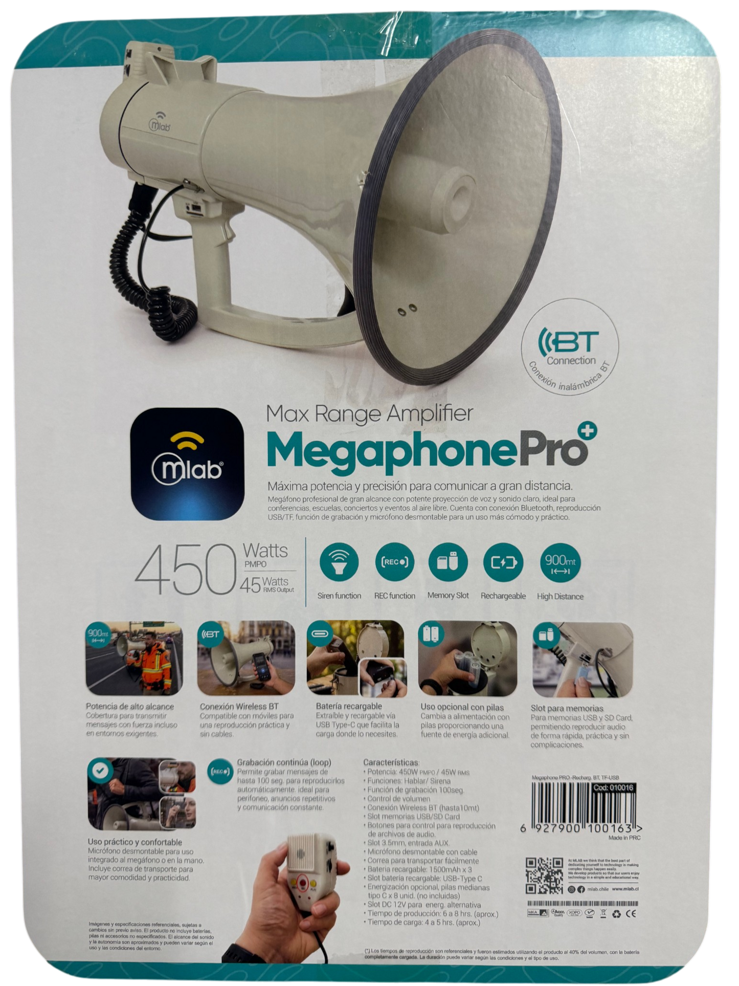 Megáfono Recargable 45w Sirena Graba Voz Recargable Blanco