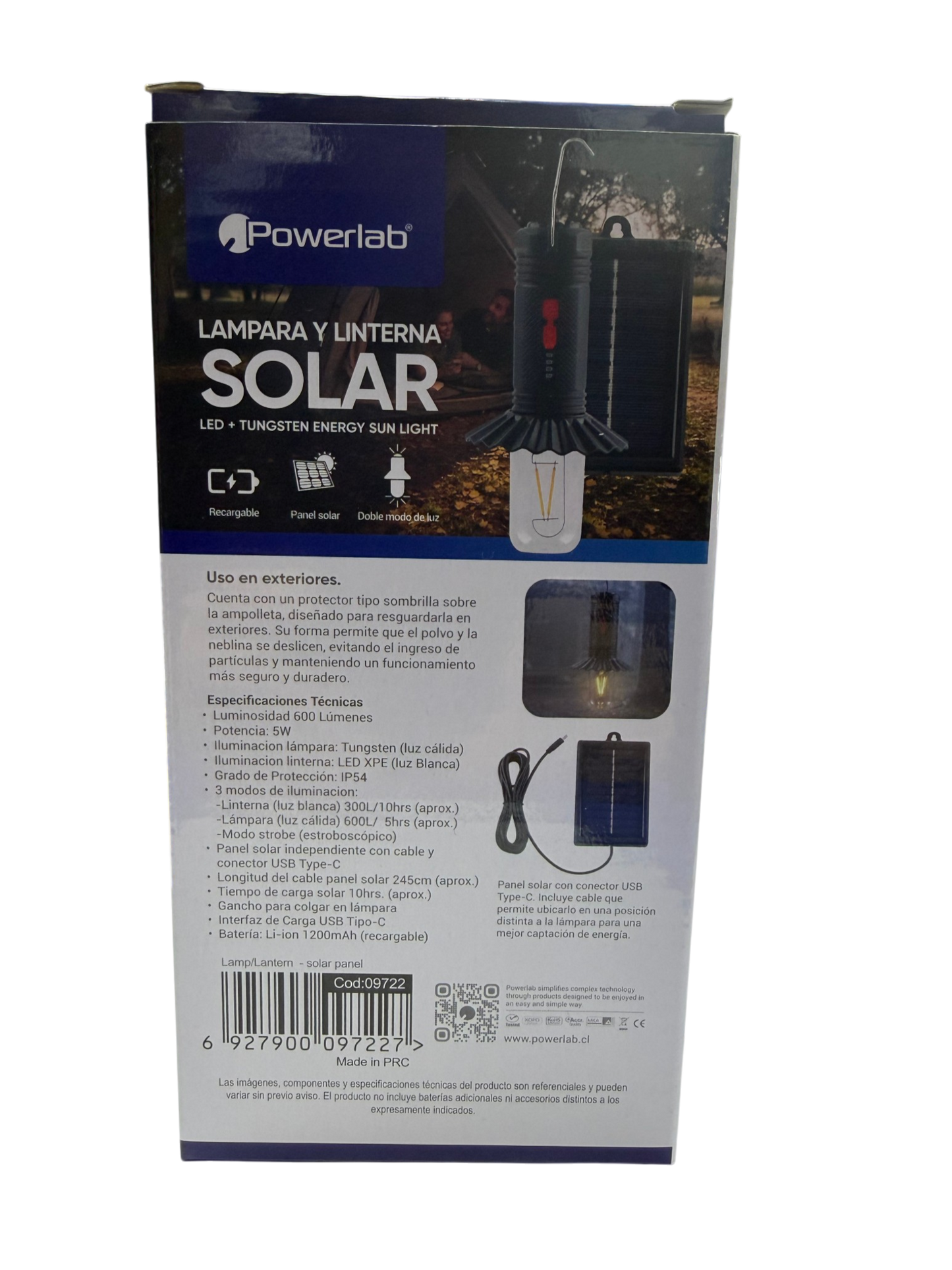 Lampara Linterna Solar Powerlab 9722 600 Lumen Recargable Gris