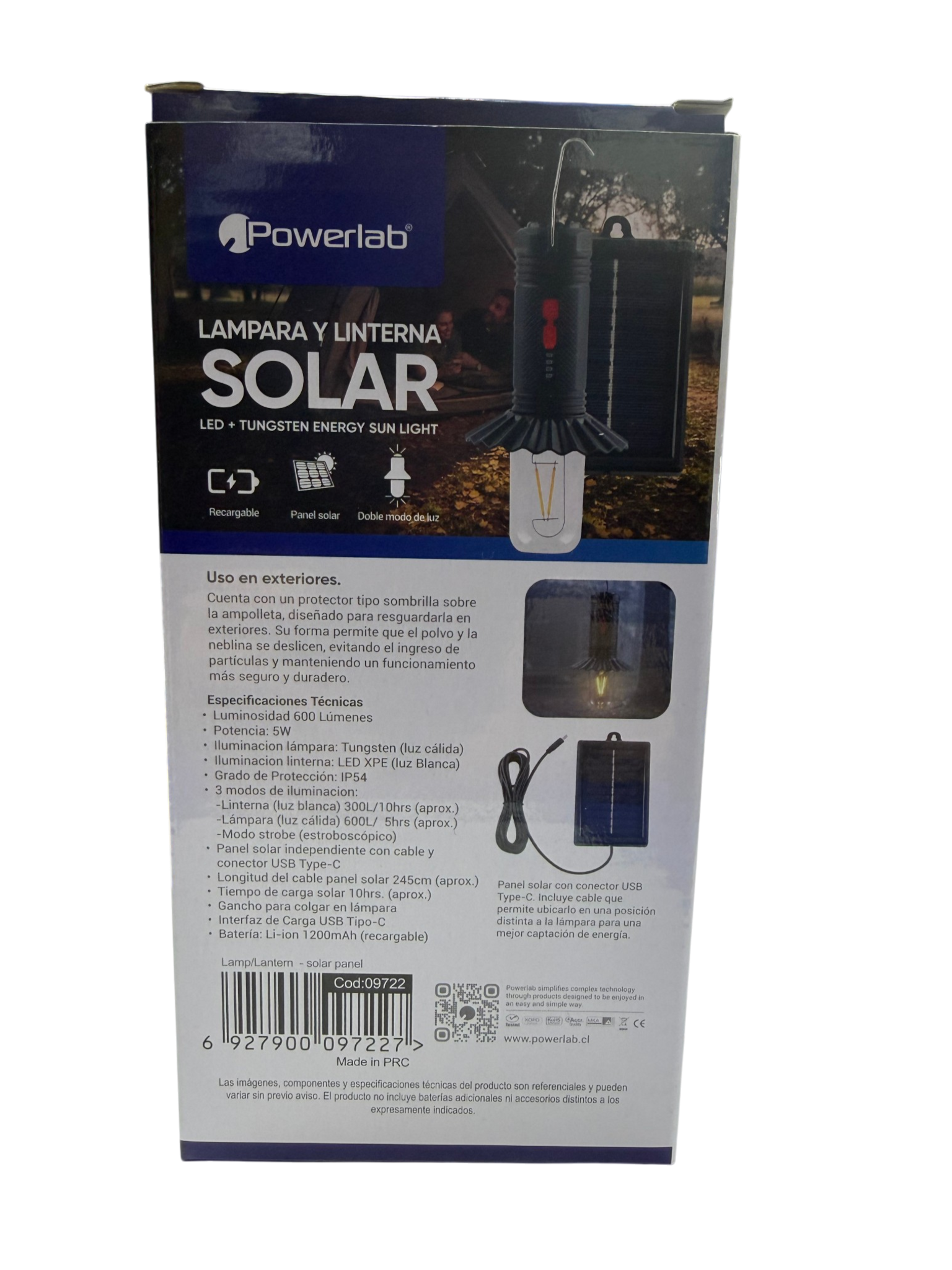 Lampara Linterna Solar Powerlab 9722 600 Lumen Recargable Gris