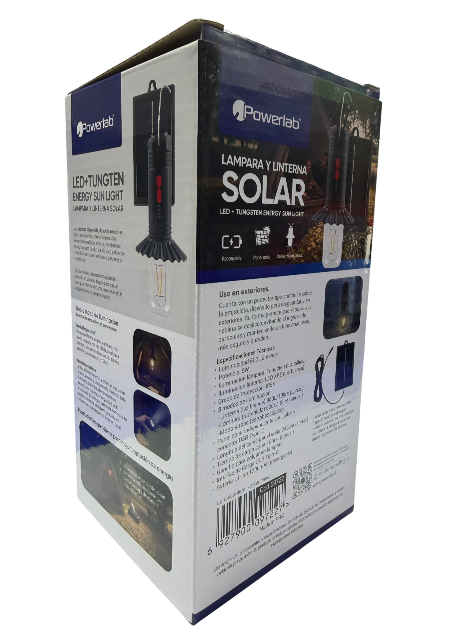 Lampara Linterna Solar Powerlab 9722 600 Lumen Recargable Gris