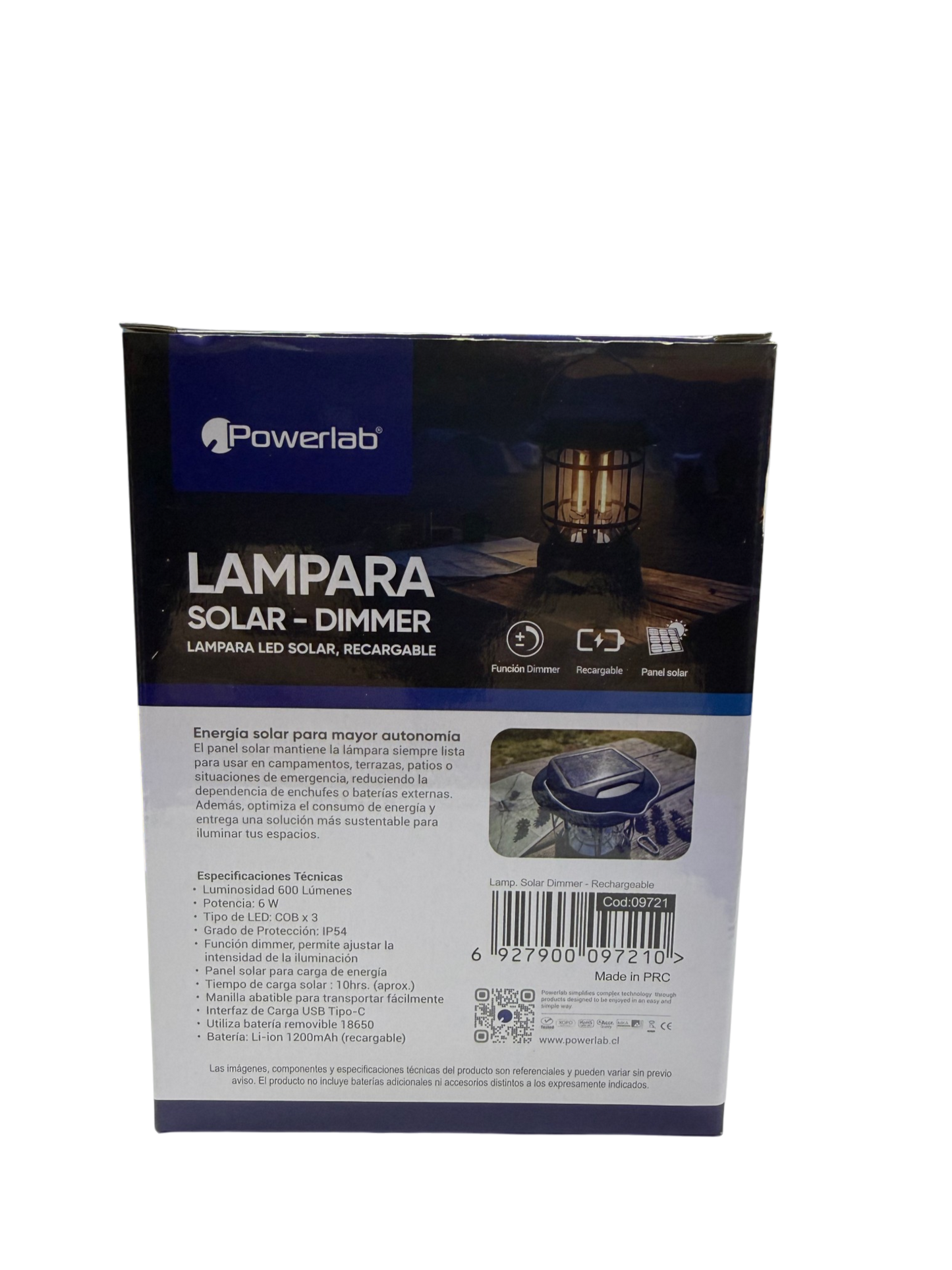 Lampara Solar Powerlab 9721 600 Lumen Recargable Gris