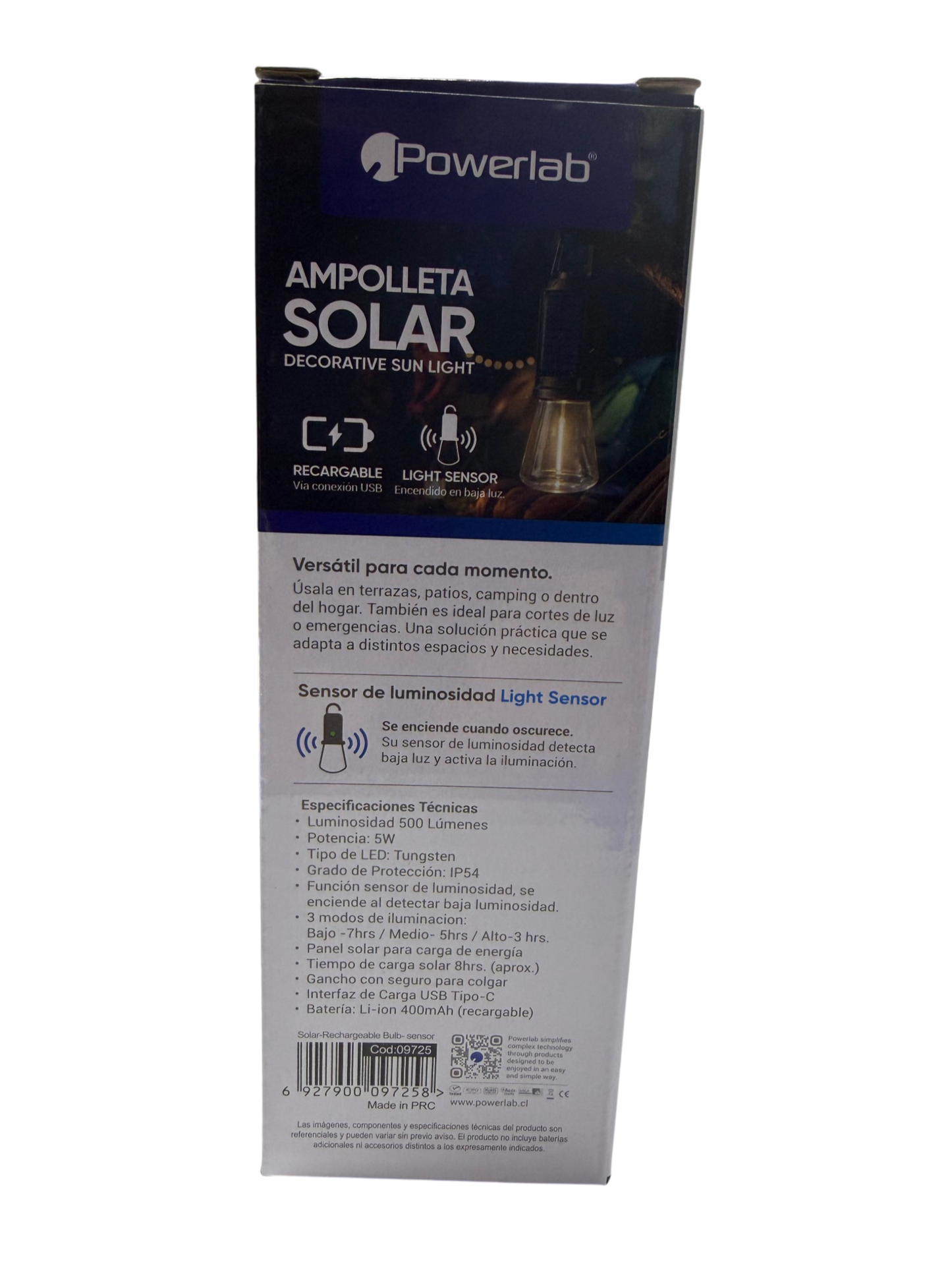 Ampolleta Solar Powerlab 9725 500 Lumen Recargable Negro