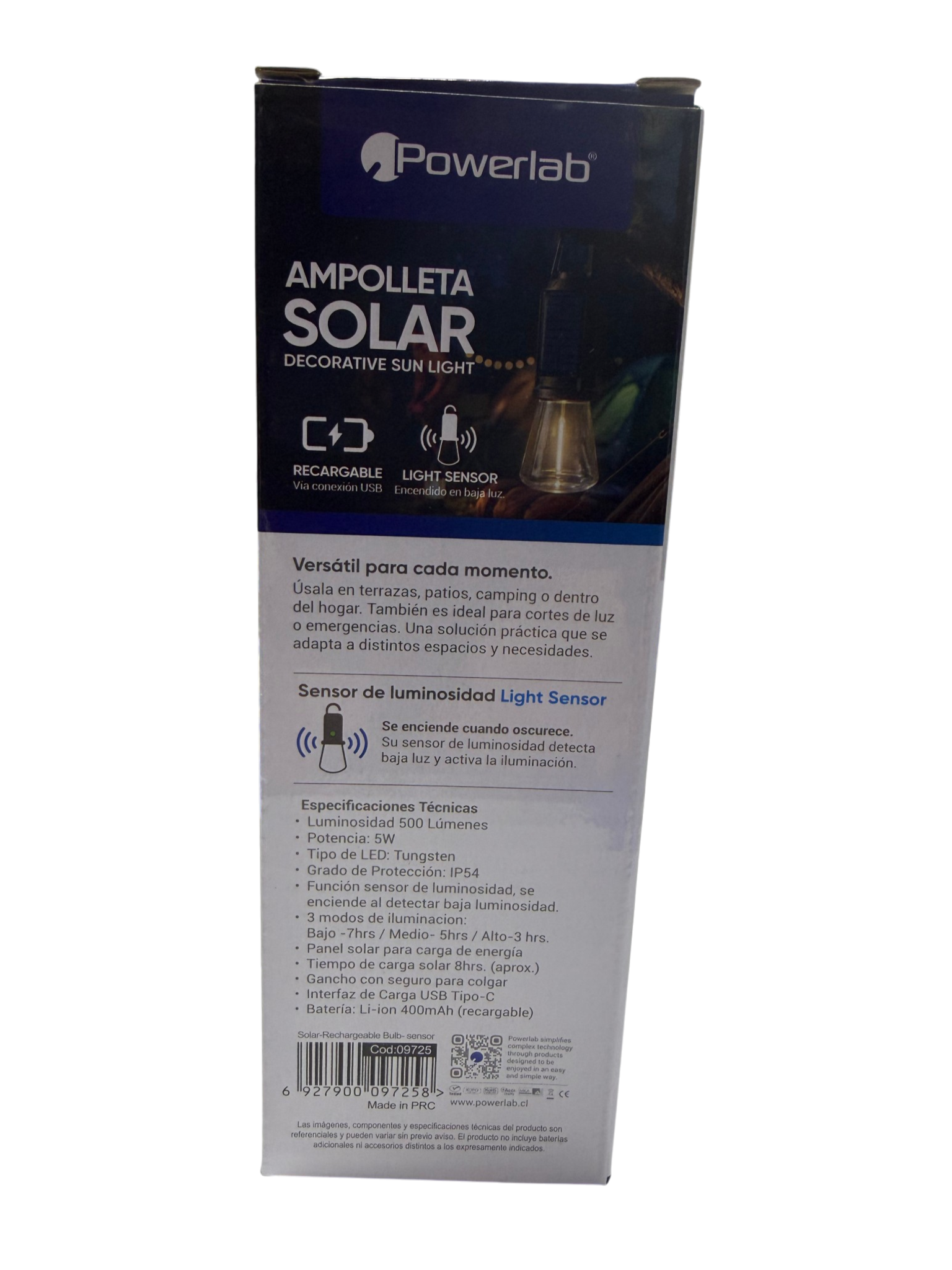 Ampolleta Solar Powerlab 9725 500 Lumen Recargable Negro
