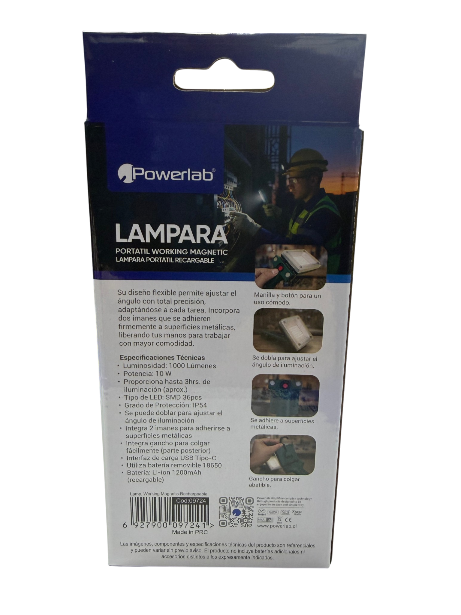 Lampara Portatil Magnetica Powerlab 9724 1000 Lumen Recargable Negro