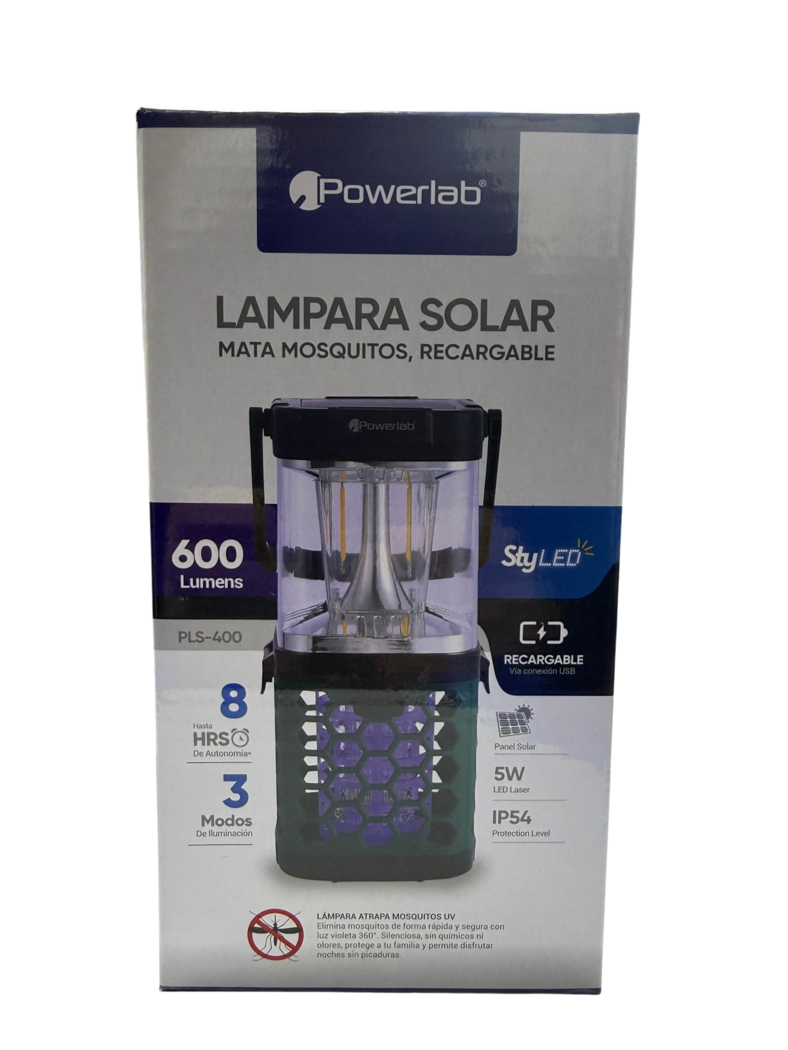 Lampara Solar Powerlab 9723 600 Lumen Recargable Mata Mosquitos Gris