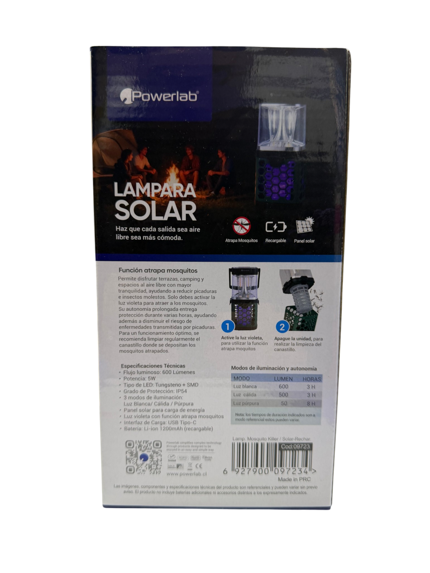 Lampara Solar Powerlab 9723 600 Lumen Recargable Mata Mosquitos Gris