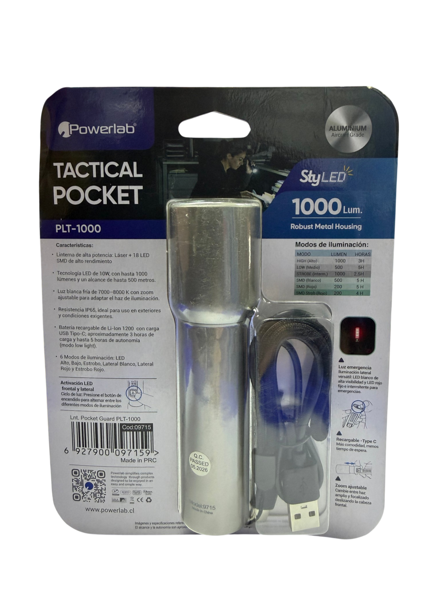 Linterna Powerlab 9715 1000 Lumen Recargable Gris