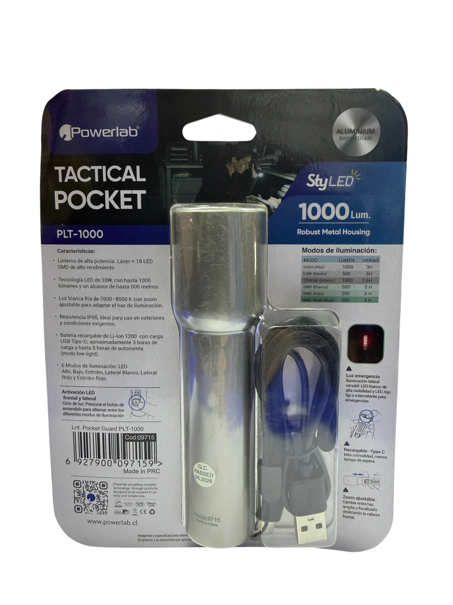 Linterna Powerlab 9715 1000 Lumen Recargable Gris
