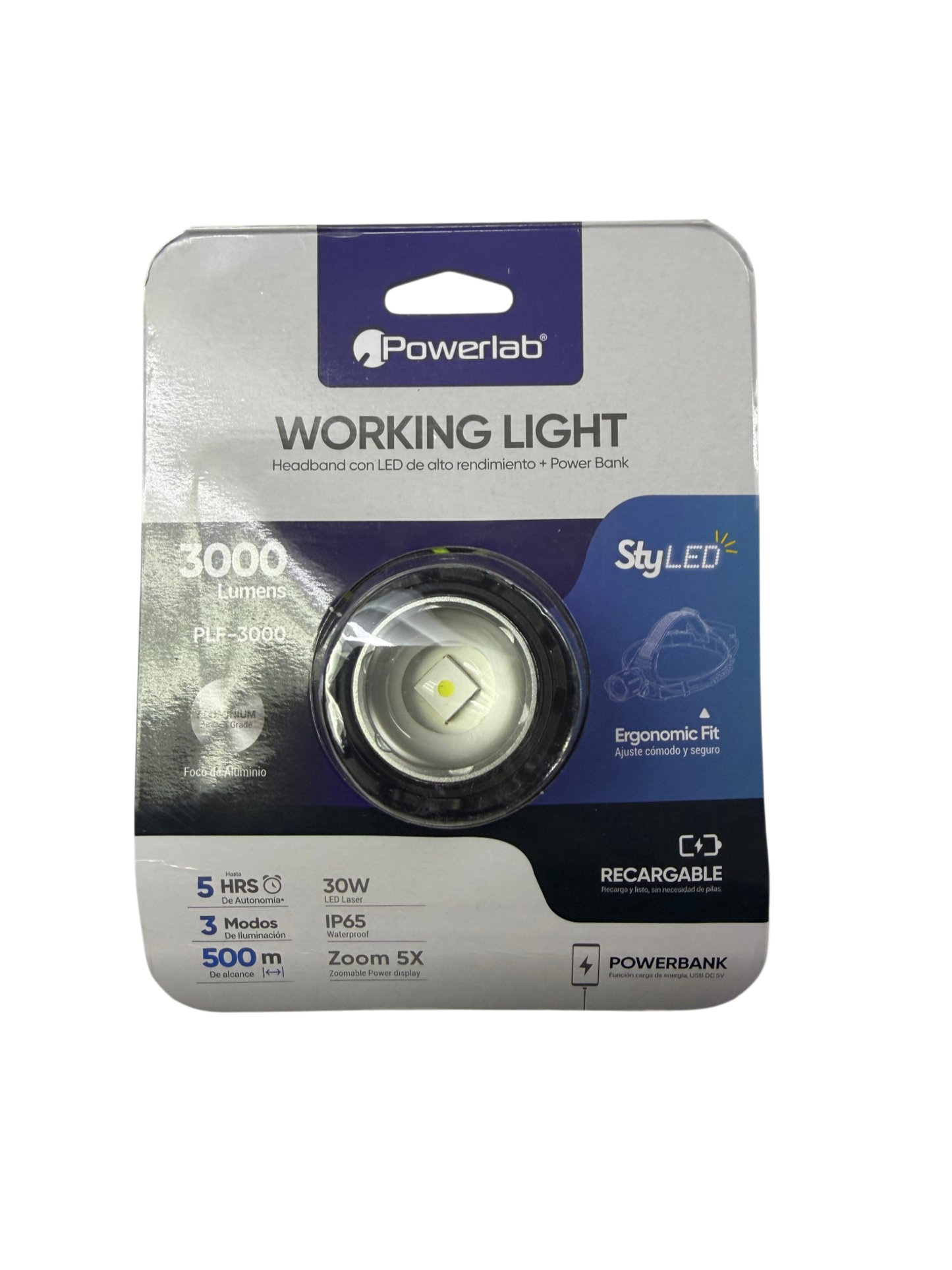 Linterna De Cabeza Powerlab 9719 3000 Lumen Recargable Gris