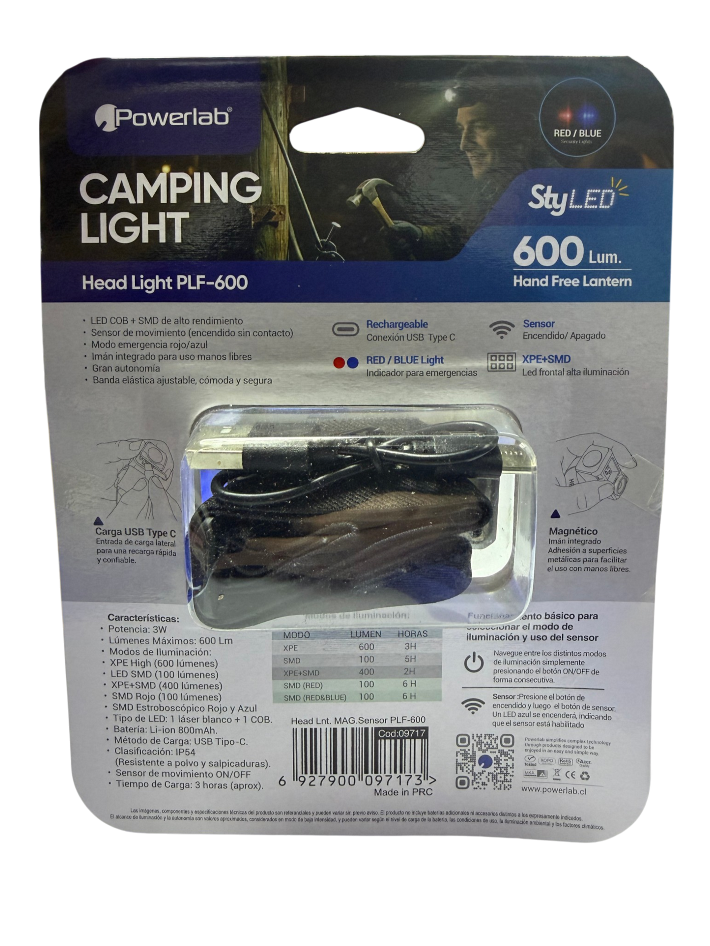 Linterna Banda De Cabeza Powerlab 9717 600 Lumen Recargable Negro