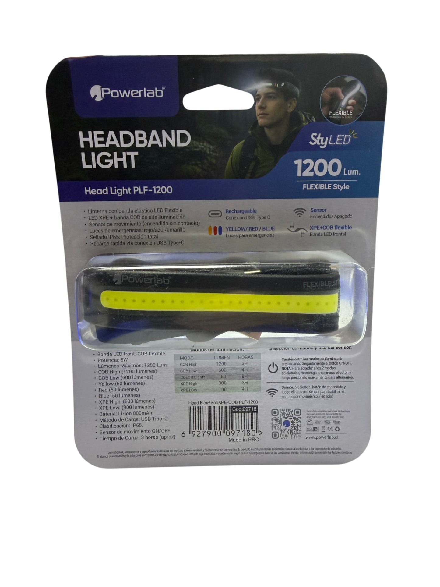 Linterna Banda De Cabeza Powerlab 9718 1200 Lumen Recargable Negro