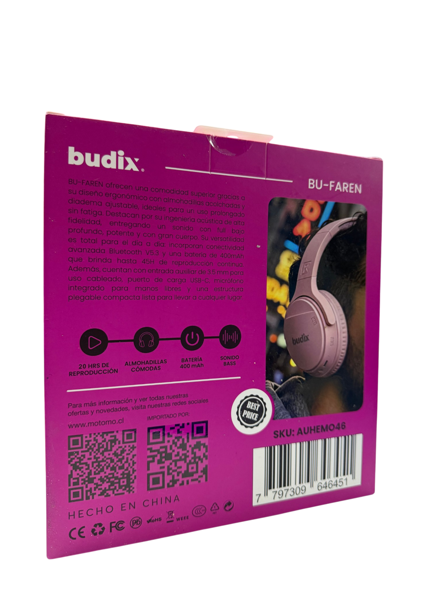 Audífonos Headset Bluetooth Budix Bu-faren Rosa