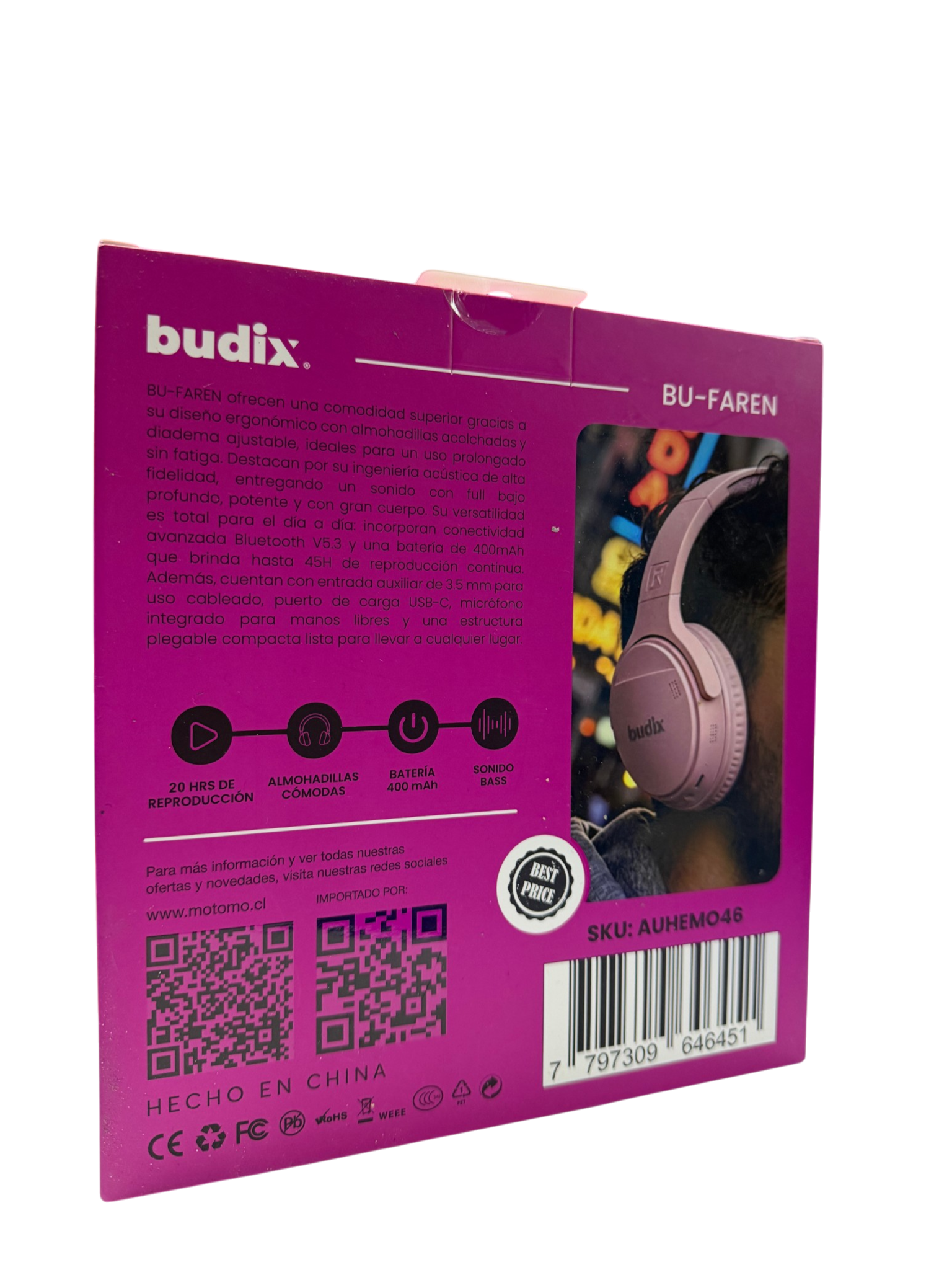 Audífonos Headset Bluetooth Budix Bu-faren Rosa