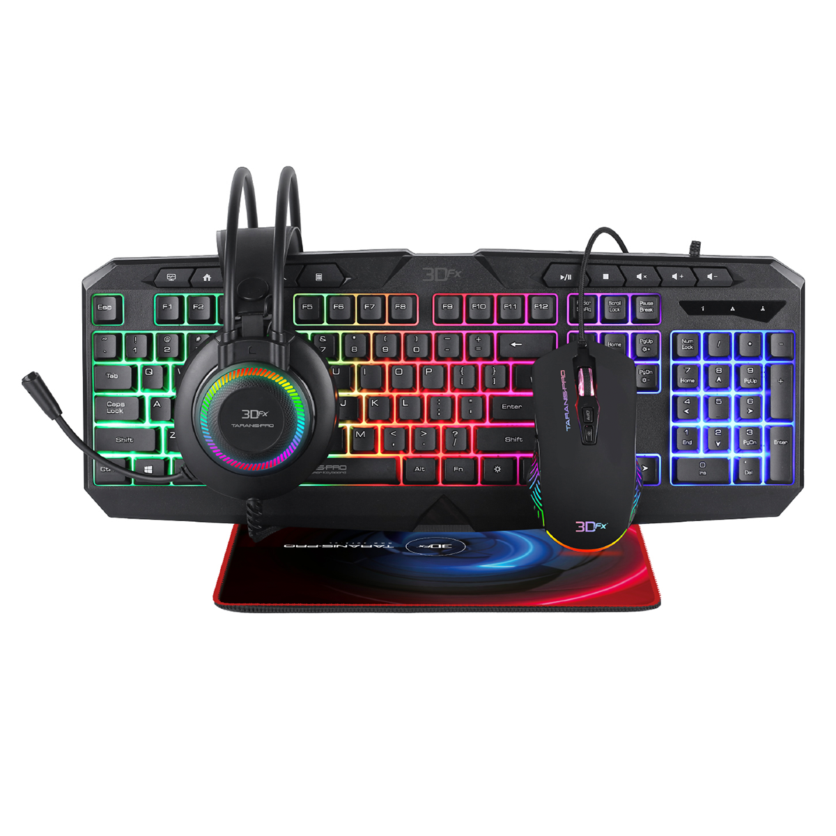 Kit Gamer 4 en 1 3DFX Teclado + Mouse + Audífonos + Mousepad Taranis Pro