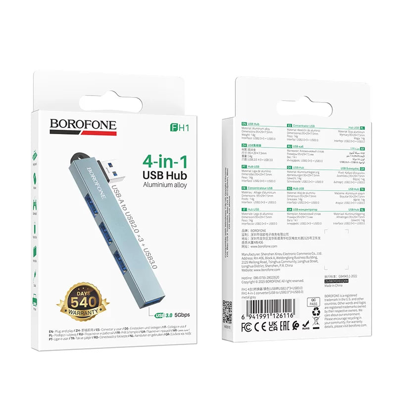 Adaptador Hub Borofone Fh1 4 En 1 Usb 4 Usb Gris – imagen 2
