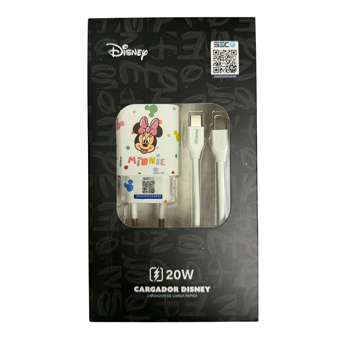 Cargador Rapido Disney 20w Dual Usb + Cable Tipo C Minnie Blanco