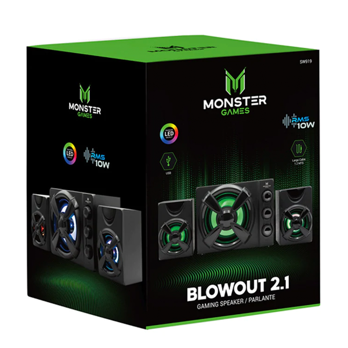 Parlantes Subwoofer Gamer Monster Blowout 2.1 Rainbow Negro