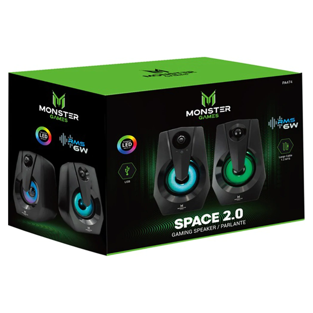 Parlantes Gamer Monster Space 2.0 Retroiluminado Negro
