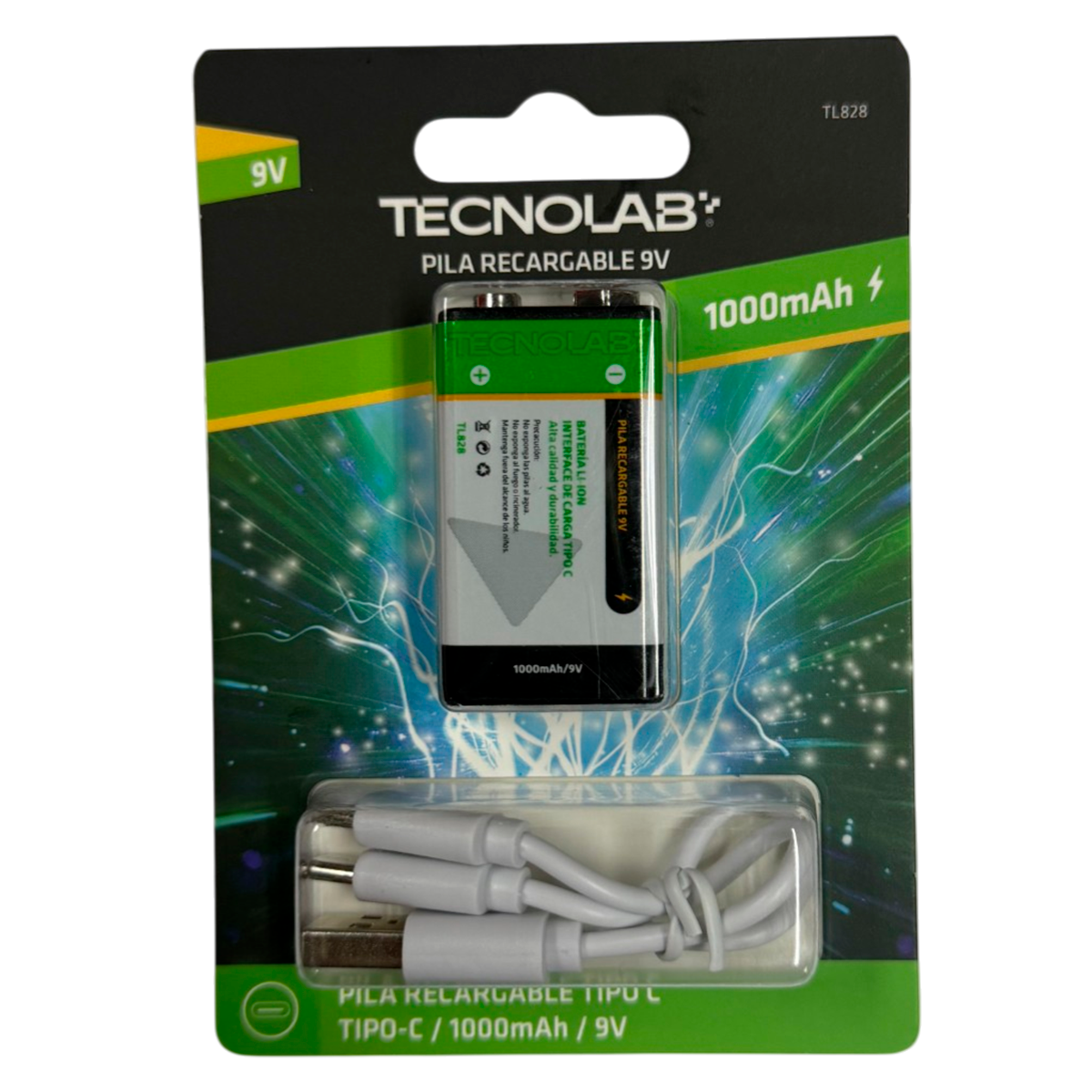 Batería Recargable 9v Litio Tecnolab 1000mha Tipo C + Cable Blanco