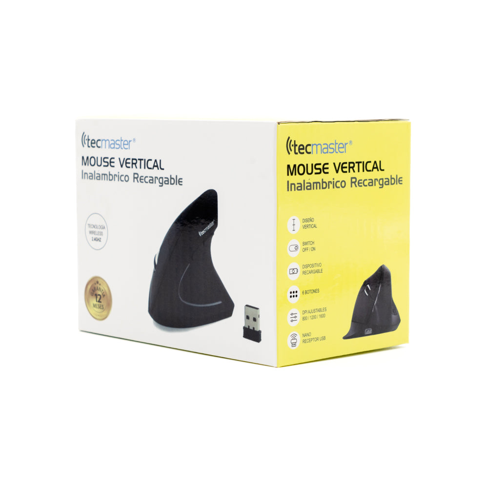 Mouse Vertical Inalámbrico Recargable Tecmaster Tm-100517 1600 Dpi Negro – imagen 3