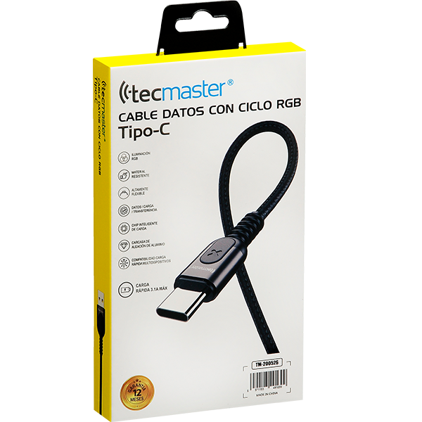 Cable Tipo C Reforzado 3.1a Luz Rgb Tecmaster Negro – imagen 2